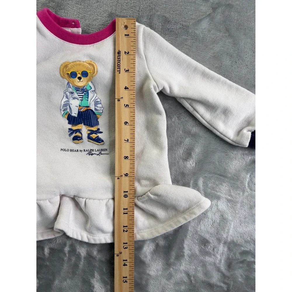 Ralph Lauren Polo Bear Baby Girl Sweatshirt Dress 12M Cream Pink Ruffle Hem